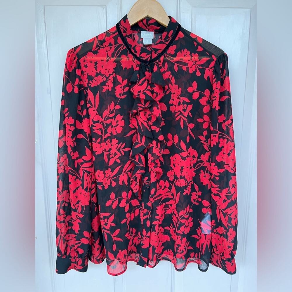 Chico’s Red Floral Ruffle Front Blouse | Size 3 (U.S. 16/18)